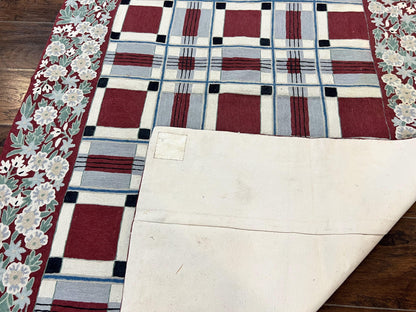 Indian Hand Stitched Rug 4x6, Vintage Carpet, Checkerboard Floral Pattern, Maroon Ivory, Flatweave, Wool - Nuvé