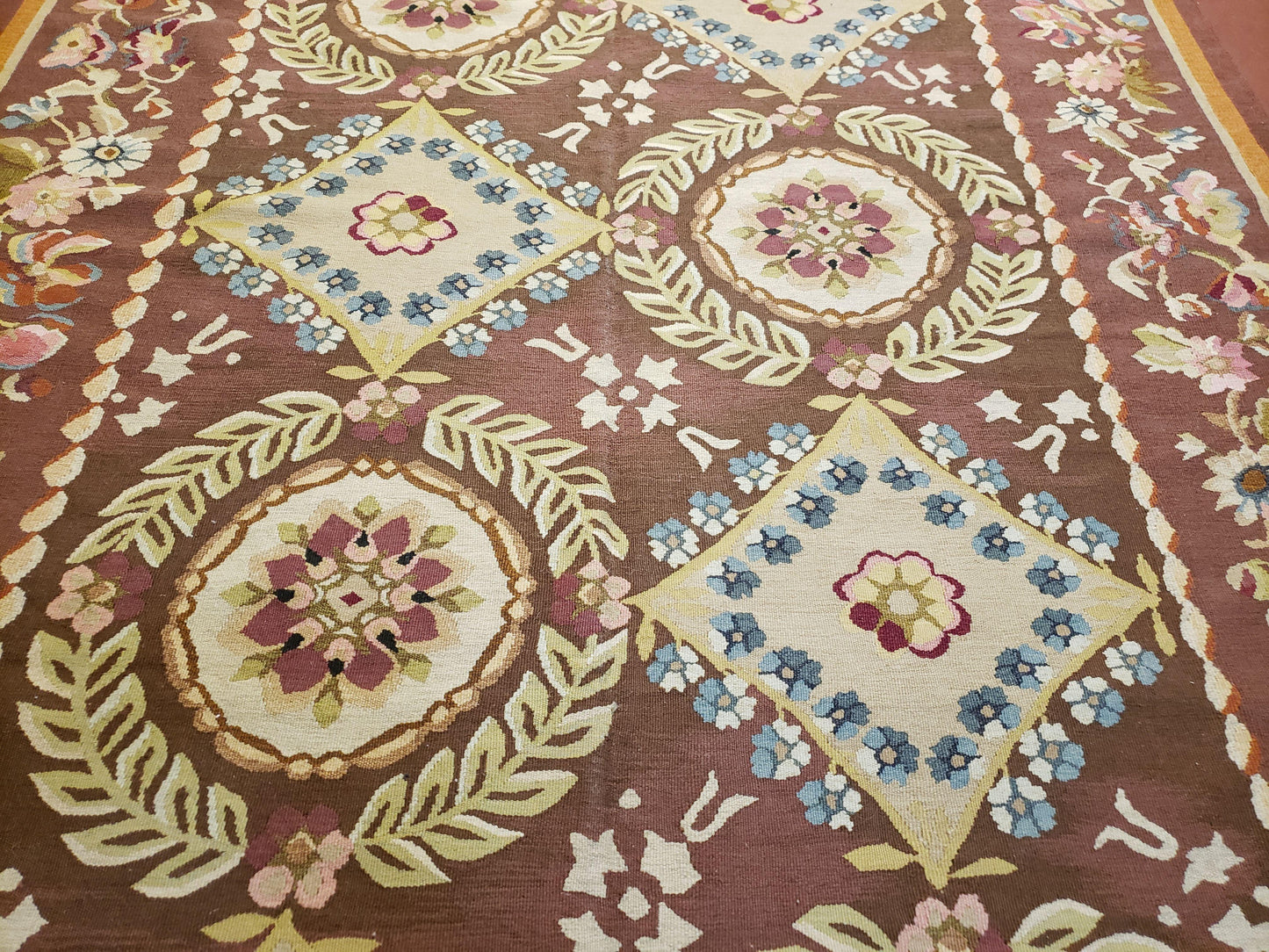 Aubusson Rug 6 x 9 Flat Weave Area Carpet European Design Flowers New Brown Rug Handmade Wool Hand-Knotted Aubusson Weave Medium Rug 6x9 - Nuvé