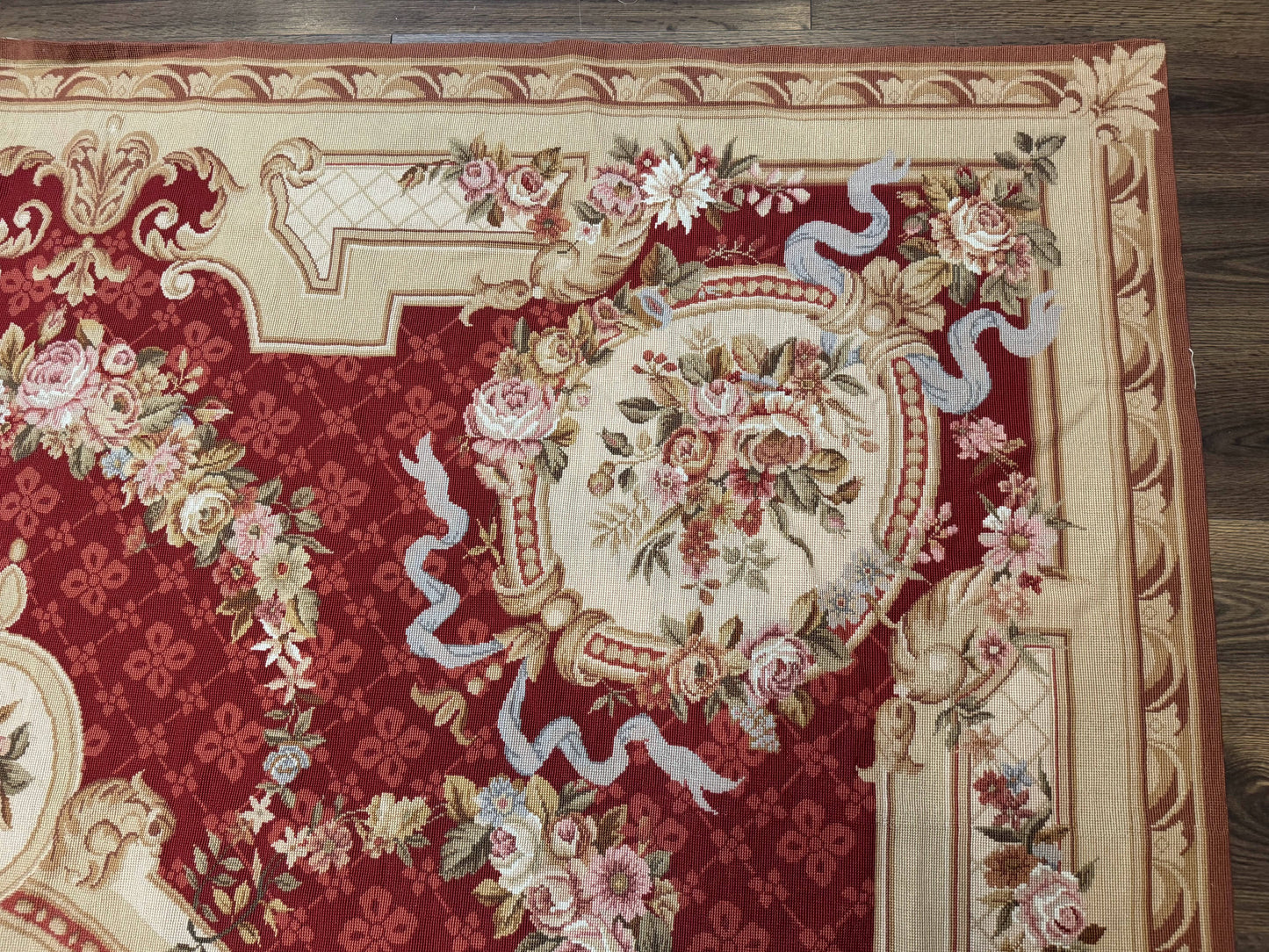 Aubusson Rug 8x11, Needlepoint Carpet, Red Ivory Beige, Vintage, French European Design - Nuvé