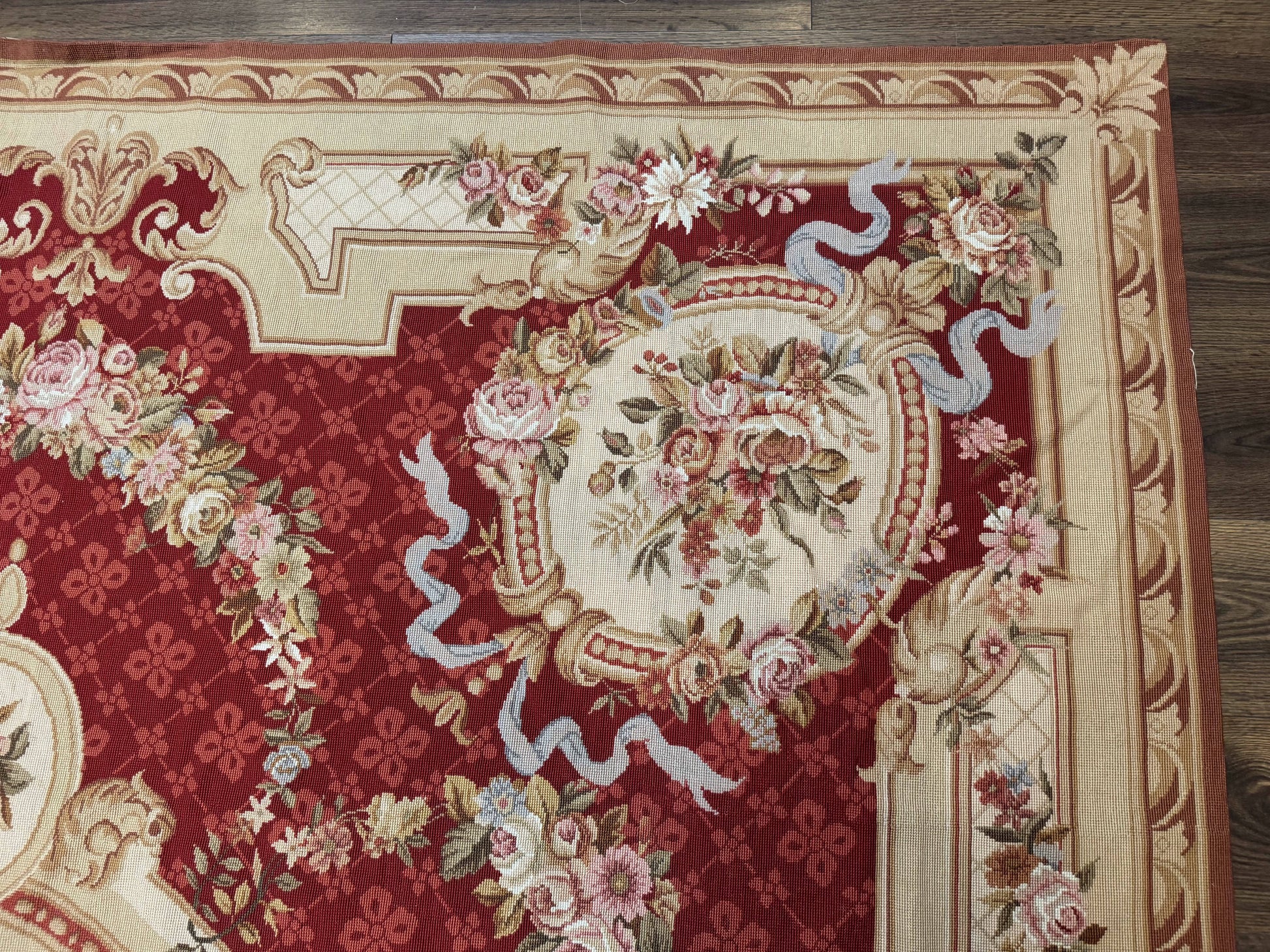 Aubusson Rug 8x11, Needlepoint Carpet, Red Ivory Beige, Vintage, French European Design - Nuvé