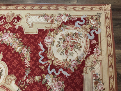 Aubusson Rug 8x11, Needlepoint Carpet, Red Ivory Beige, Vintage, French European Design - Nuvé