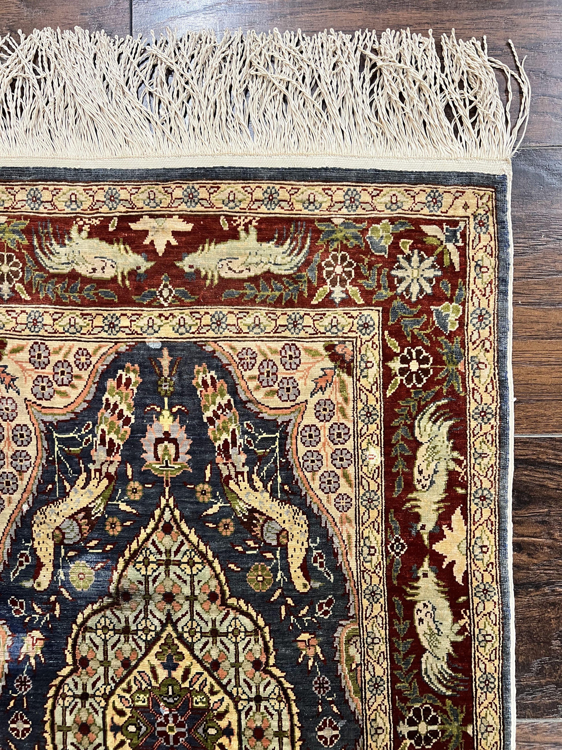 Silk Turkish Hereke Rug 2x3, Peacocks Birds, Signature from Master Weaver, Super Finely Hand Knotted 550 KPSI, Animal Pictorials - Nuvé