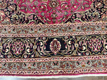 Persian Rug 10x13, Wool Hand Knotted Antique Kashmar Carpet, Raspberry Red & Navy Blue, Floral Medallion, Traditional Oriental Rug 10 x 13 - Nuvé