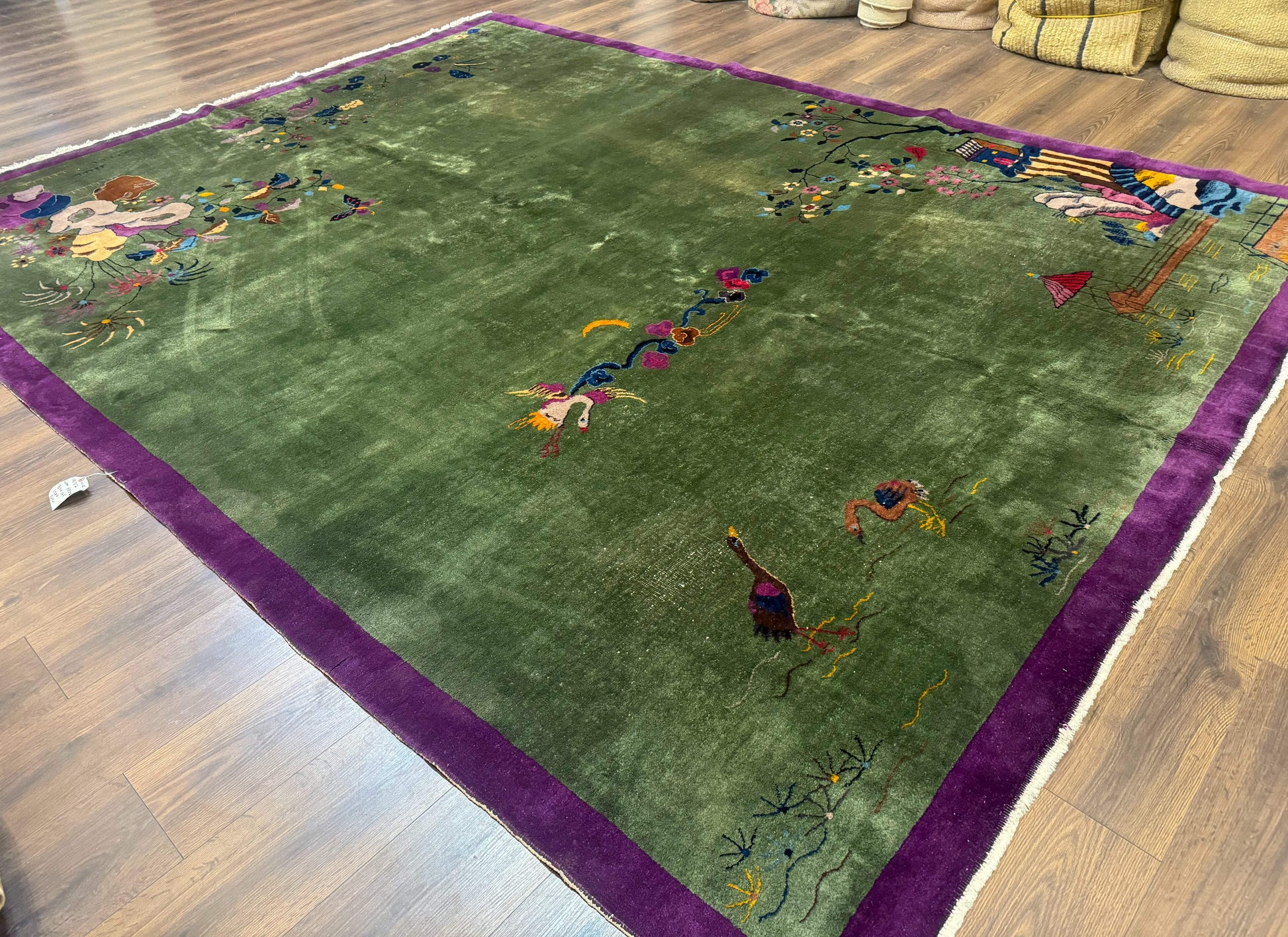 Antique Chinese Nichols Rug 9x12 - Rare Green and Purple Art Deco Carpet - Nuvé