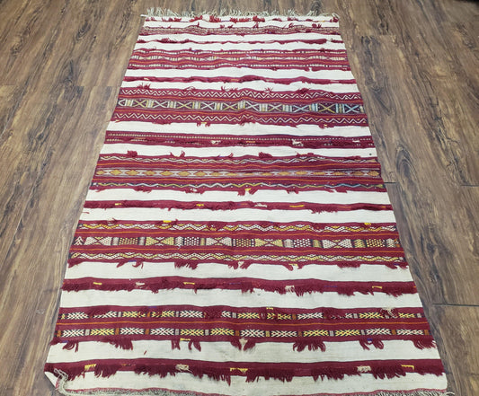 Antique Turkoman Yamud Rug 3x5 ft, 1920s Turkmen Sofreh Table Cover, Bohemian Rug, Tribal Collectible, Striped Rug, Handmade Ivory and Red - Nuvé