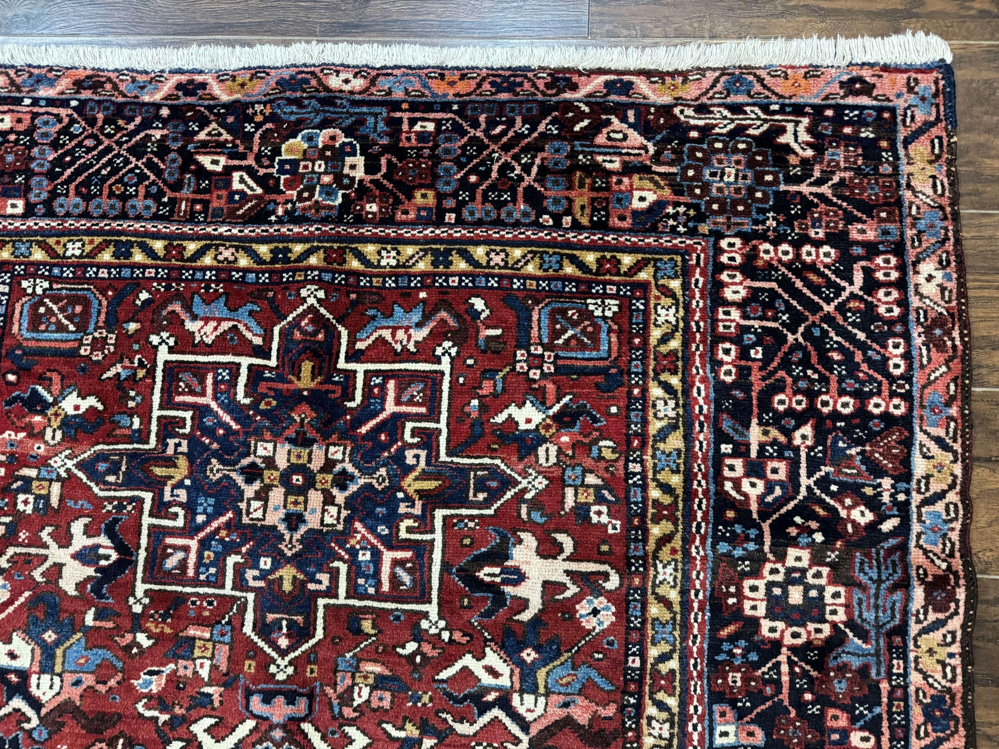 Persian Karajeh Rug 5x6, Antique Heriz Carpet, Geometric, Persian Tribal Rug, Brick Red Navy Blue - Nuvé