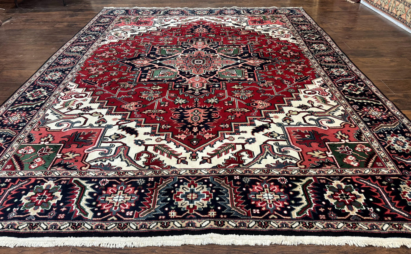 Indo Persian Heriz Rug 8x10, Geometric Medallion, Brick Red Ivory Navy Blue, Room Sized Heriz Carpet, Wool Rug - Nuvé