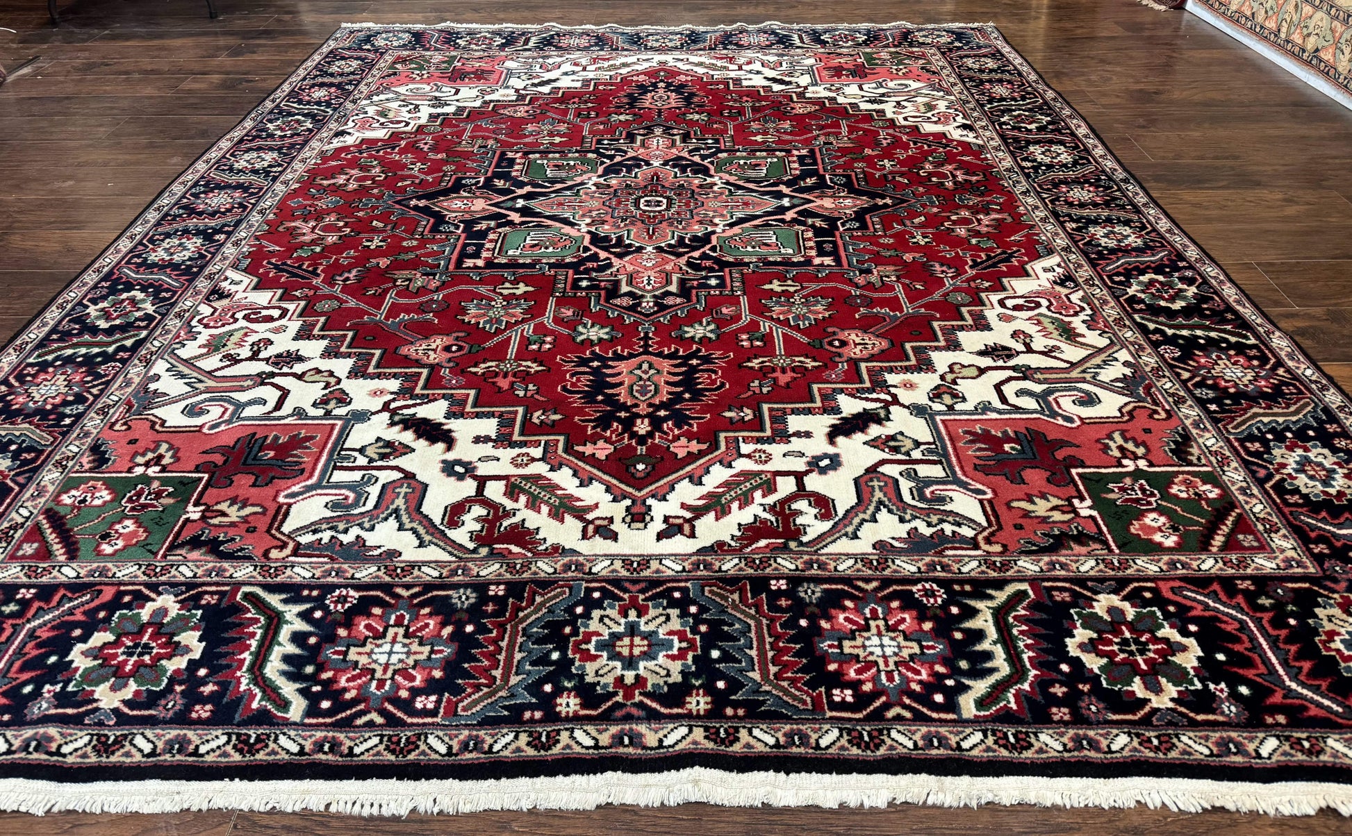 Indo Persian Heriz Rug 8x10, Geometric Medallion, Brick Red Ivory Navy Blue, Room Sized Heriz Carpet, Wool Rug - Nuvé