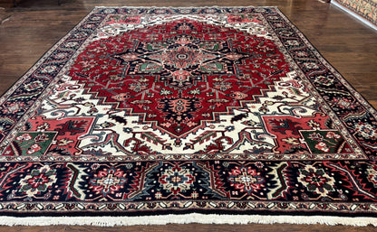 Indo Persian Heriz Rug 8x10, Geometric Medallion, Brick Red Ivory Navy Blue, Room Sized Heriz Carpet, Wool Rug - Nuvé
