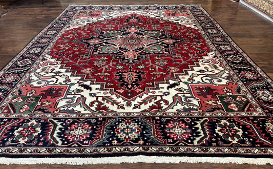 Indo Persian Heriz Rug 8x10, Geometric Medallion, Brick Red Ivory Navy Blue, Room Sized Heriz Carpet, Wool Rug - Nuvé