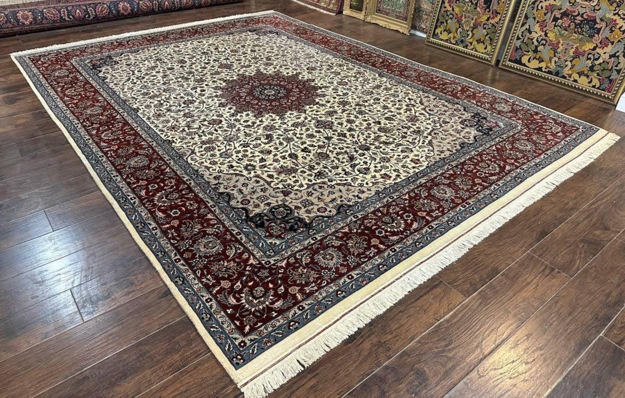 Sino Persian Rug 9x12, Vintage Wool Oriental Carpet, Floral Medallion, Wool Rug, Cream and Maroon - Nuvé