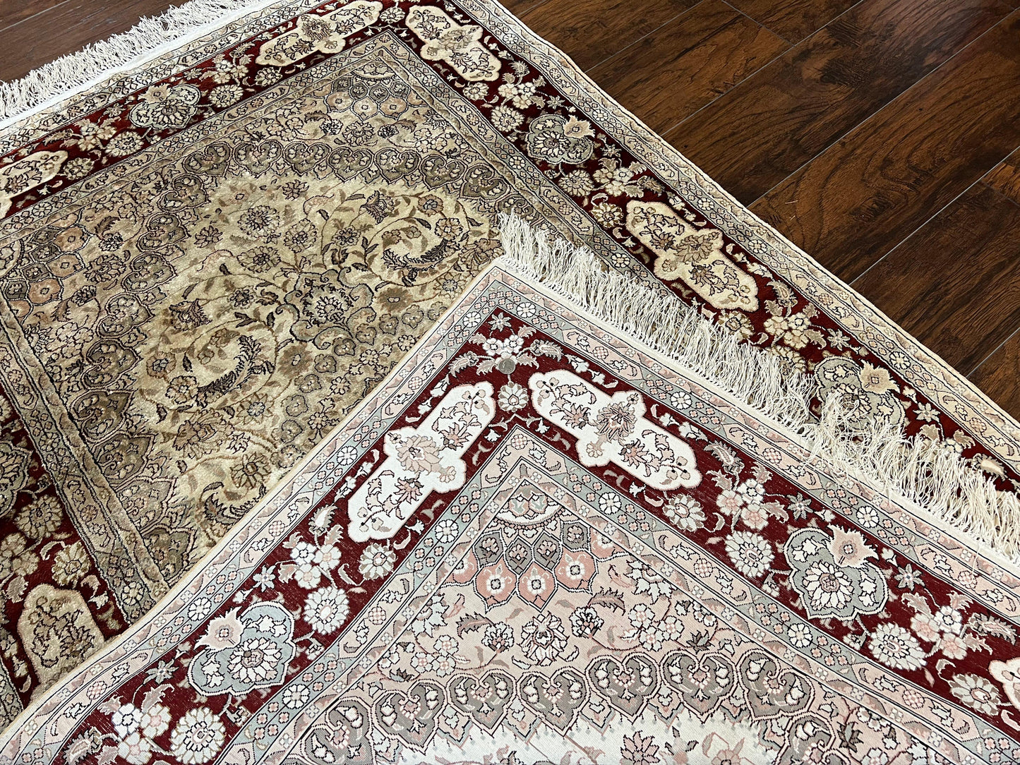 Silk Indian Kashmiri Rug 4x6 ft, Floral Medallion Hand Knotted Handmade Oriental Carpet, Vintage, Cream Burgundy, Very Fine Silk Rug 4 x 6 - Nuvé