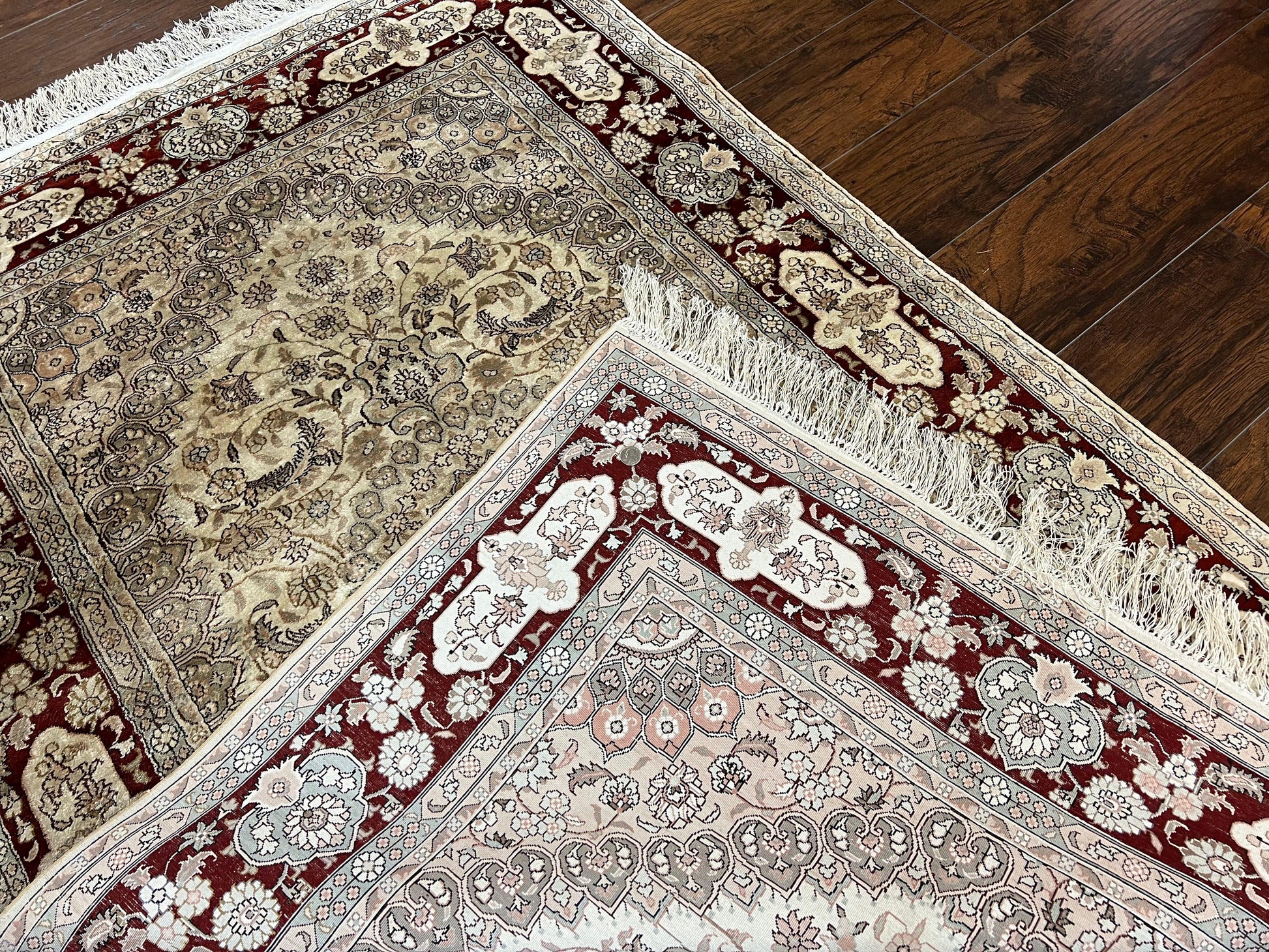 Silk Indian Kashmiri Rug 4x6 ft, Floral Medallion Hand Knotted Handmade Oriental Carpet, Vintage, Cream Burgundy, Very Fine Silk Rug 4 x 6 - Nuvé