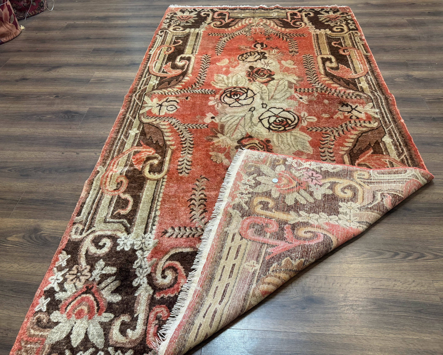 Khotan Rug 5x9, Terracotta and Brown, Floral, Chinese Wool Carpet, Antique Rug - Nuvé