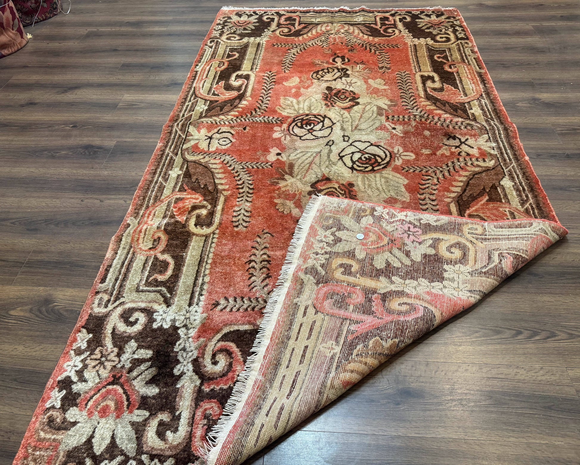 Khotan Rug 5x9, Terracotta and Brown, Floral, Chinese Wool Carpet, Antique Rug - Nuvé