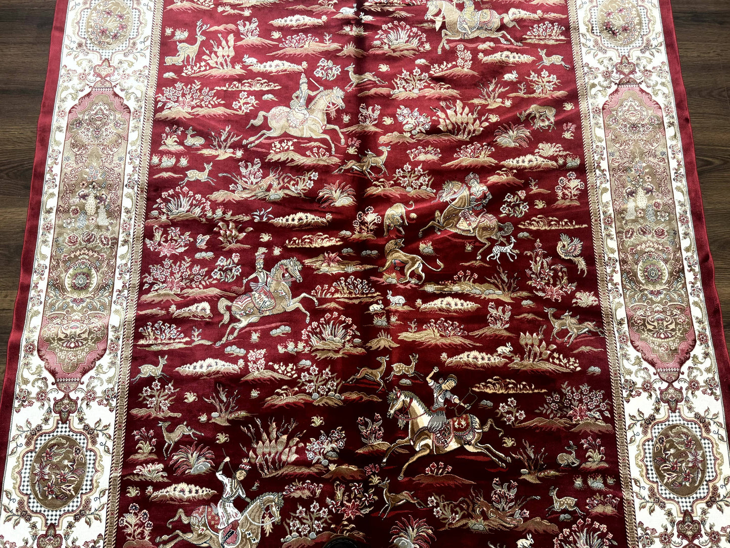 Turkish Silk Hunting Scene Rug 5 x 7.6, Red & Ivory, Bamboo Silk, New - Nuvé