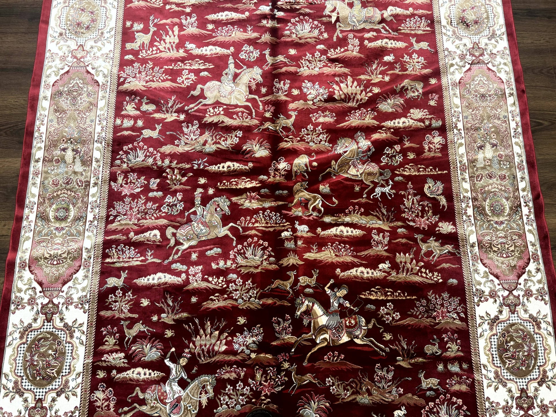 Turkish Silk Hunting Scene Rug 5 x 7.6, Red & Ivory, Bamboo Silk, New - Nuvé