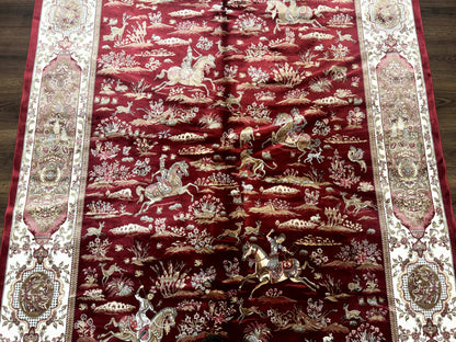 Turkish Silk Hunting Scene Rug 5 x 7.6, Red & Ivory, Bamboo Silk, New - Nuvé