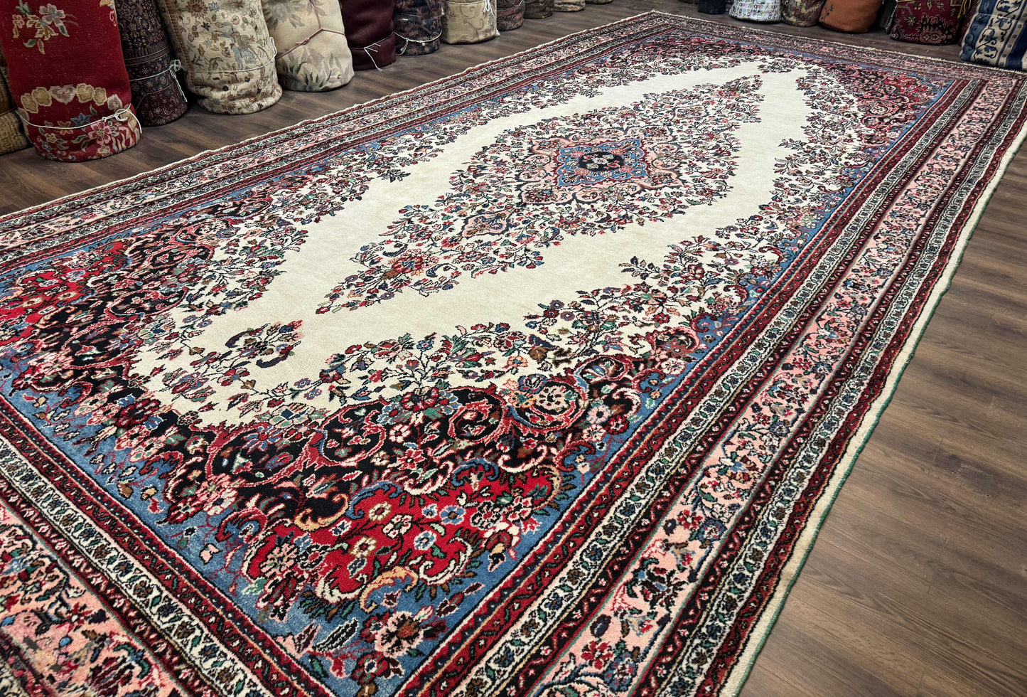 Palace Size Persian Rug 10 x 21 ft, Antique Hamadan Bibikabad Carpet, Handmade Antique Wool Oversized Rug, Ivory, Semi Open Field - Nuvé
