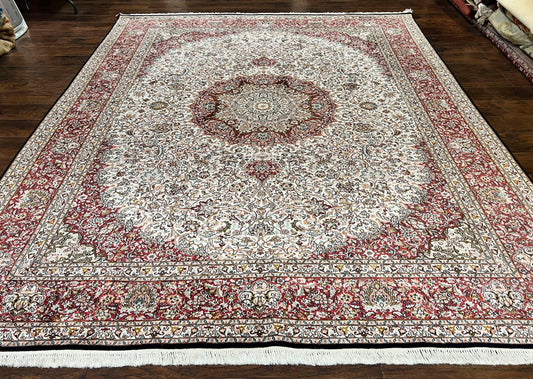 Silk Indian Kashmiri Rug 9 x 11 ft, Room Sized Silk Vintage Indo Persian Handmade Hand Knotted Fine Oriental Carpet, Ivory and Maroon - Nuvé
