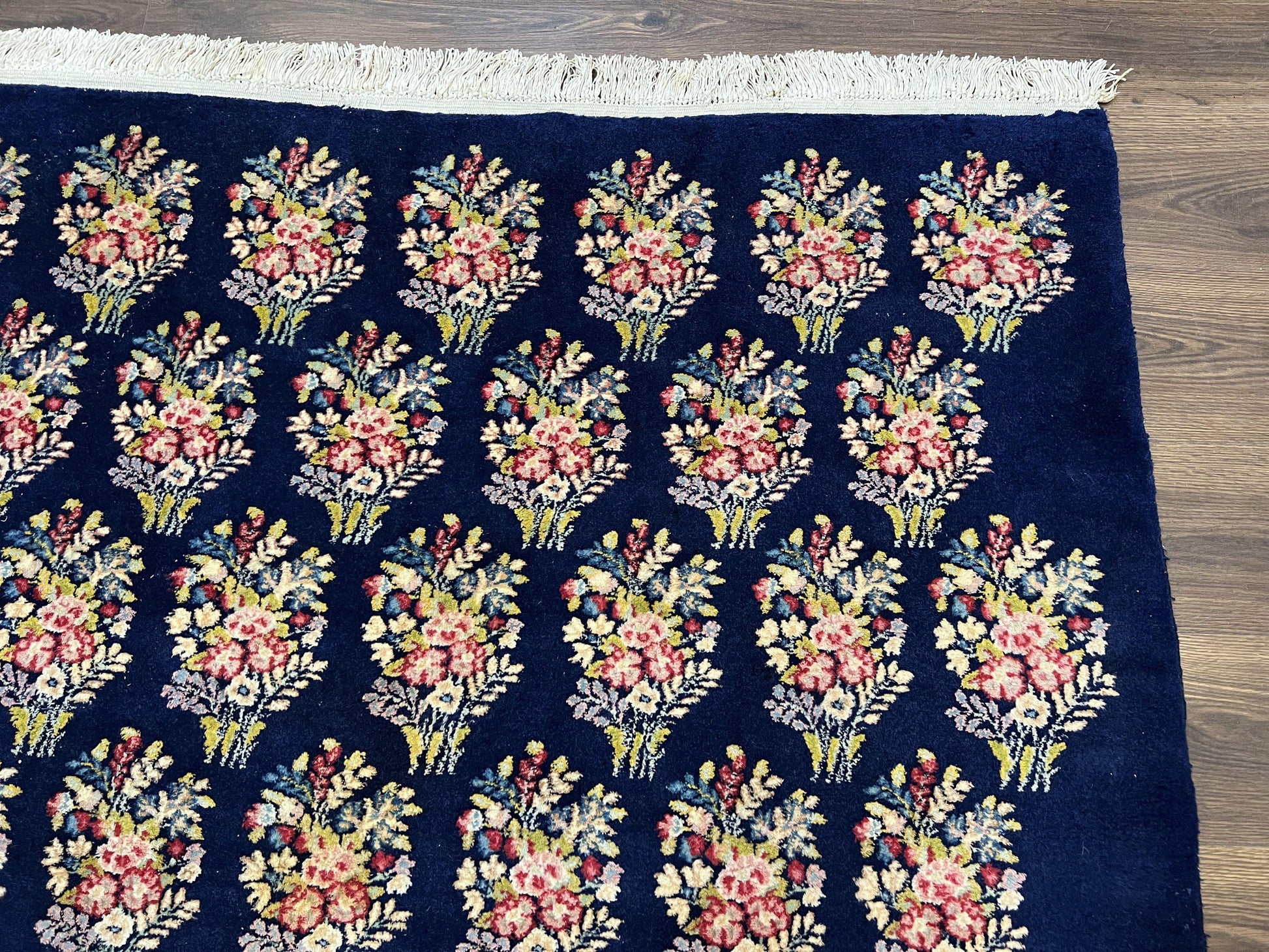 Persian Rug 9x12, Authentic Hand Knotted Carpet, Repeated Floral Motif Garden of Eden, Navy Blue Wool Rug 9 x 12, Semi Antique Kirman Rug - Nuvé