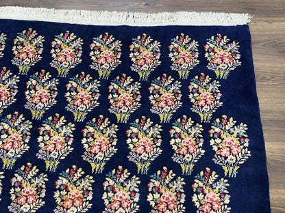 Persian Rug 9x12, Authentic Hand Knotted Carpet, Repeated Floral Motif Garden of Eden, Navy Blue Wool Rug 9 x 12, Semi Antique Kirman Rug - Nuvé