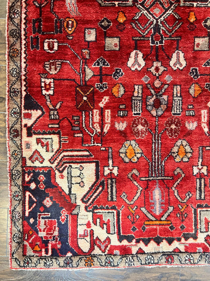 Antique Persian Tribal Rug 4 x 8, Geometric Medallion, Boho Rug, Wool Handmade Rug, Red 4x8 Rug, Persian Hamadan Rug - Nuvé