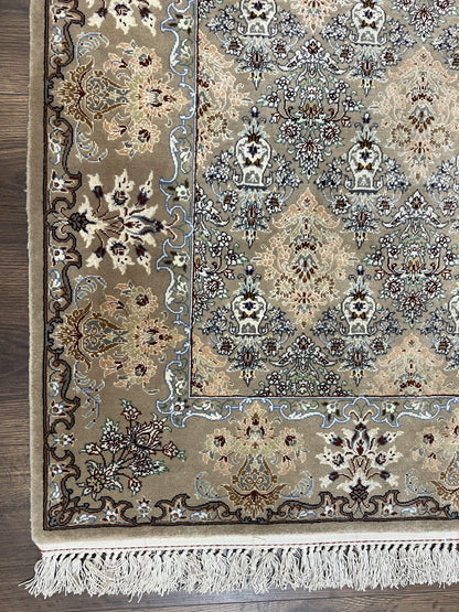 Super Fine Persian Isfahan Rug 3x5 ft, Kork Wool on Silk Foundation, Repeated Floral Motif, Taupe Tan Hand Knotted Oriental Carpet 3 x 5 ft, Signed - Nuvé