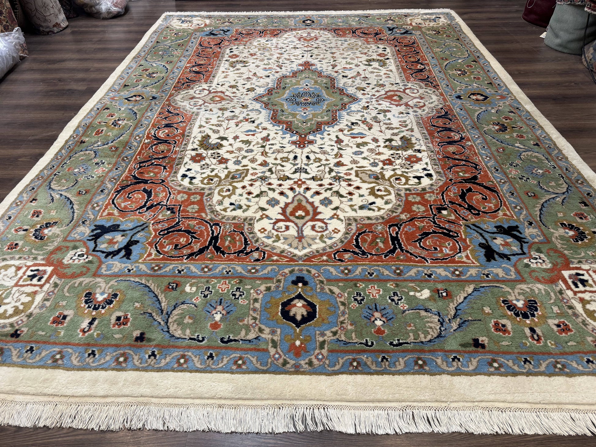 Indo Persian Rug 9x12, Ivory Red Green, Traditional Oriental Carpet - Nuvé