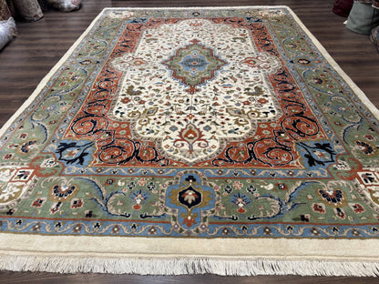 Indo Persian Rug 9x12, Ivory Red Green, Traditional Oriental Carpet - Nuvé