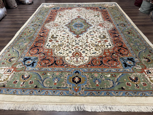Indo Persian Rug 9x12, Ivory Red Green, Traditional Oriental Carpet - Nuvé