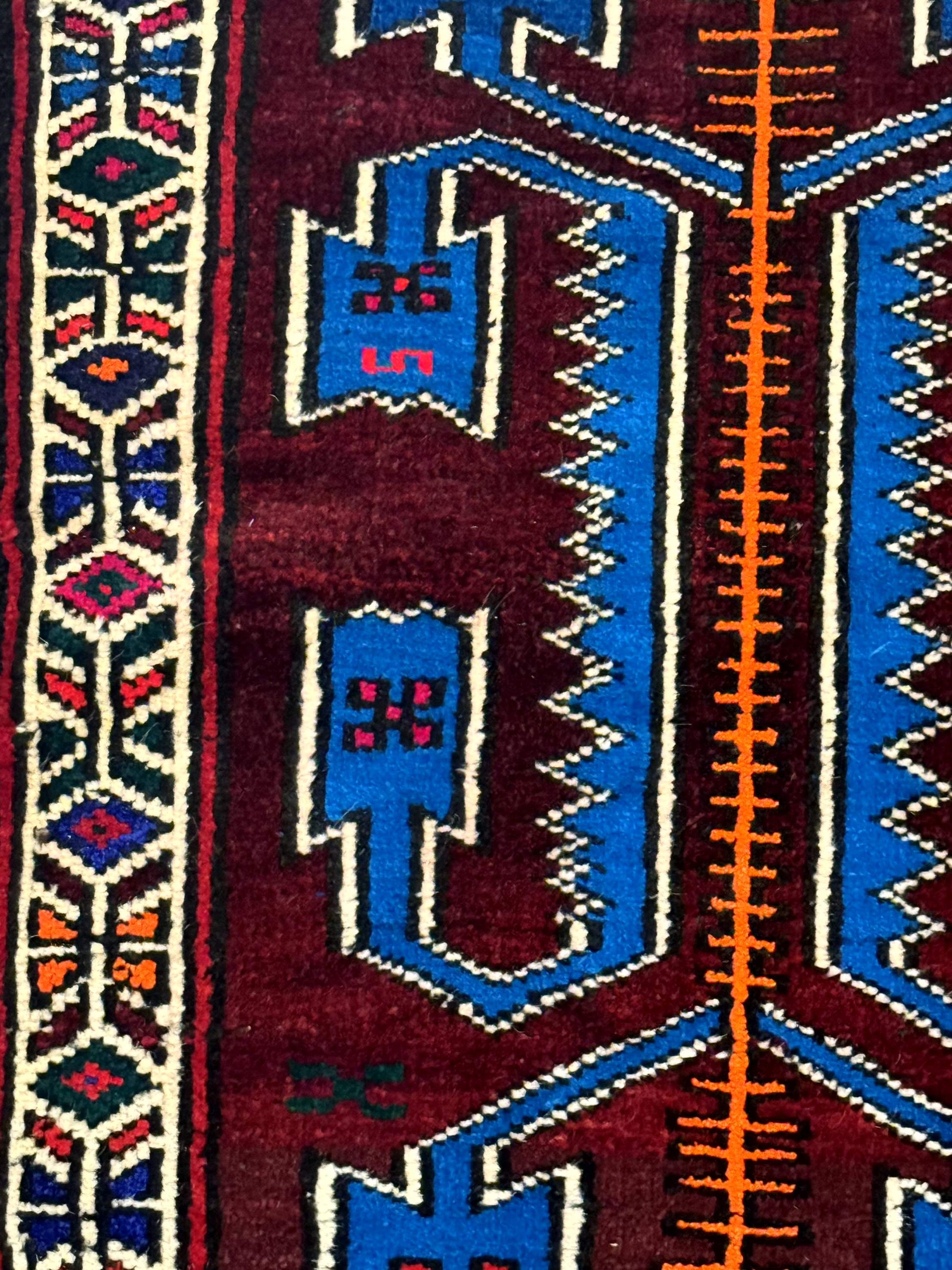 Persian Tribal Rug 1.8 x 2, Small Balouchi Rug, Unique Design, Burgundy and Blue - Nuvé