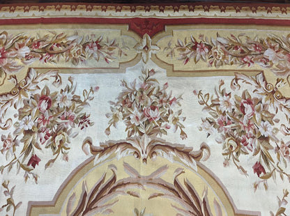 Aubusson Rug 9x12, Elegant Flatweave Savonnerie Carpet 9 x 12 ft, Ivory Light Yellow Red, Handmade Wool Flatweave French European Rug - Nuvé