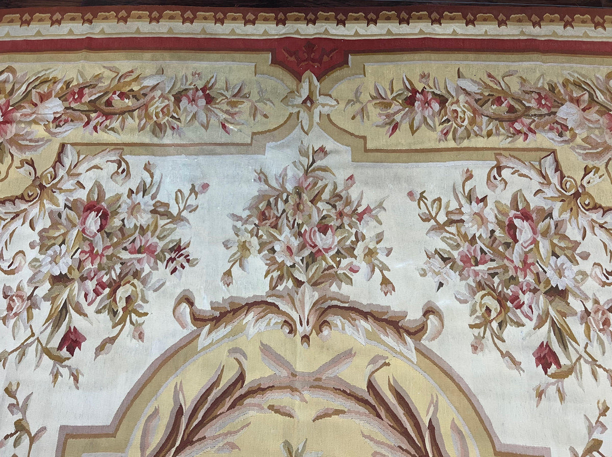 Aubusson Rug 9x12, Elegant Flatweave Savonnerie Carpet 9 x 12 ft, Ivory Light Yellow Red, Handmade Wool Flatweave French European Rug