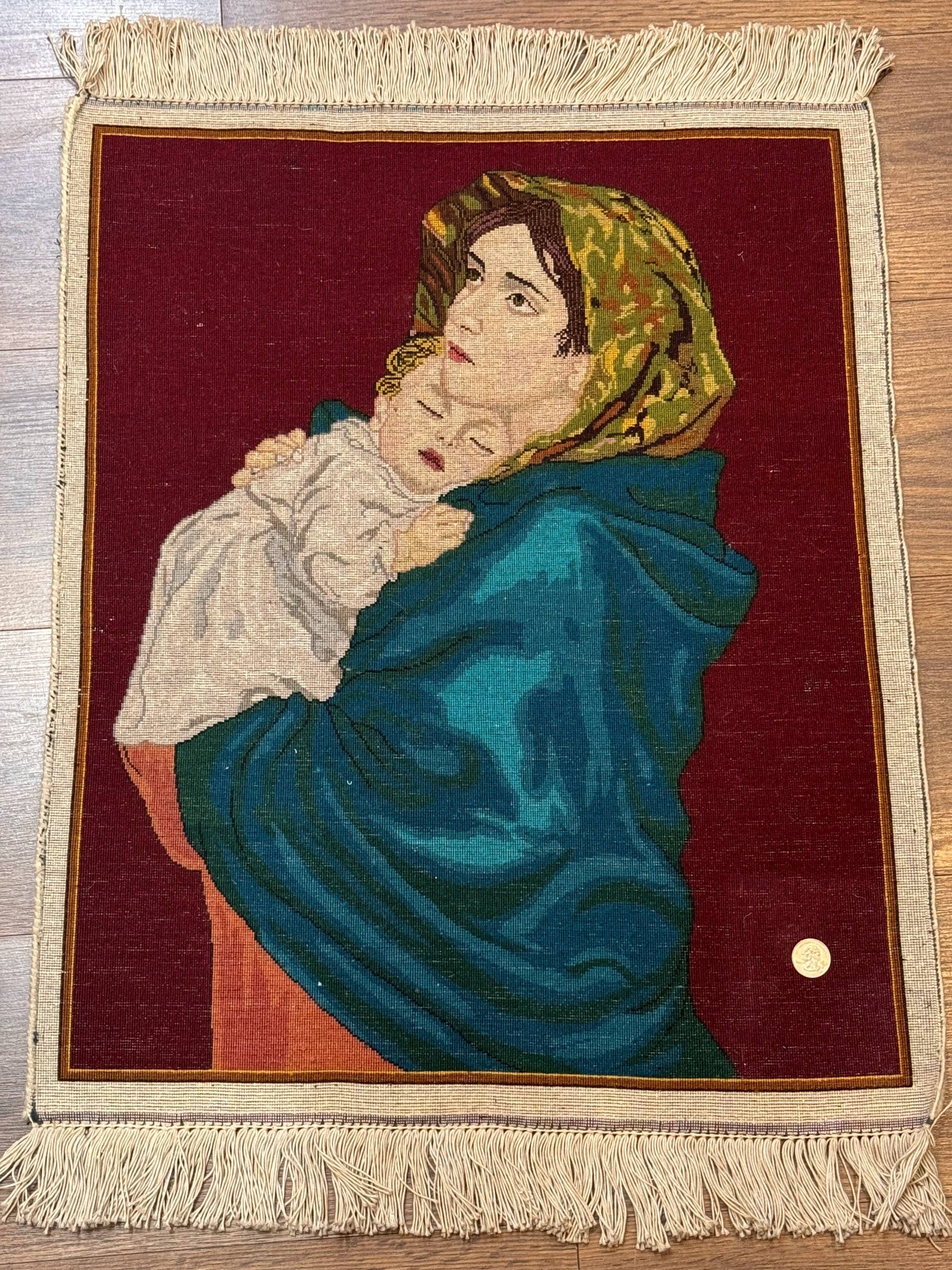 Small Persian Tabriz Pictorial Rug 2x2, Mother Holding Child, Very Fine 340 KPSI, Maroon - Nuvé