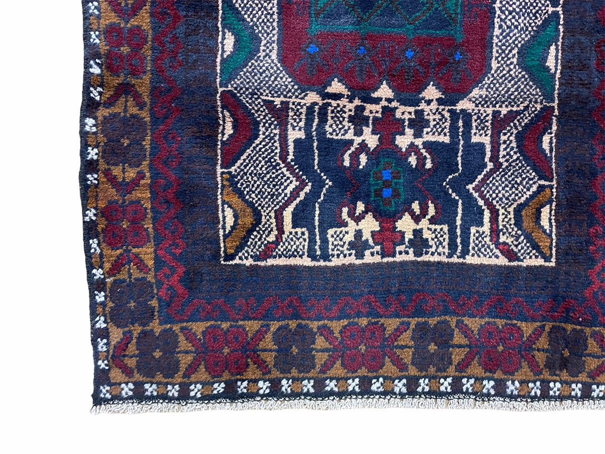 Vintage 3x5 Balouchi wool tribal rug in red and beige with intricate handmade Afghan design, from Jewel Rugs.