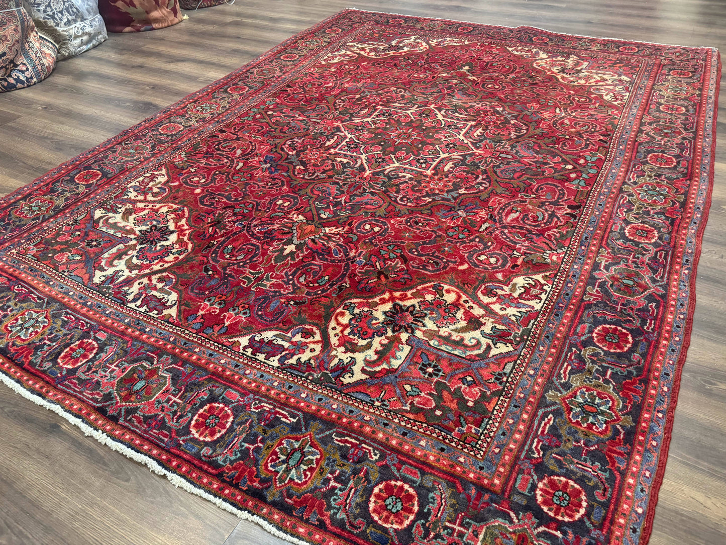 Persian Heriz Rug 7x10, Red and Navy, Geometric Medallion, Vintage Wool Carpet - Nuvé