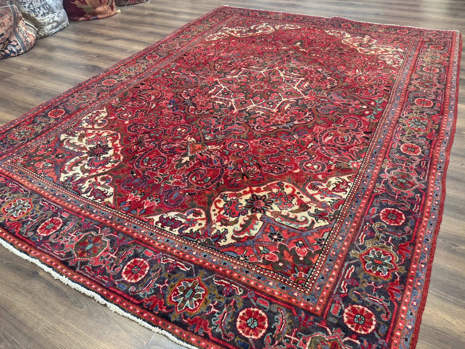 Persian Heriz Rug 7x10, Red and Navy, Geometric Medallion, Vintage Wool Carpet - Nuvé