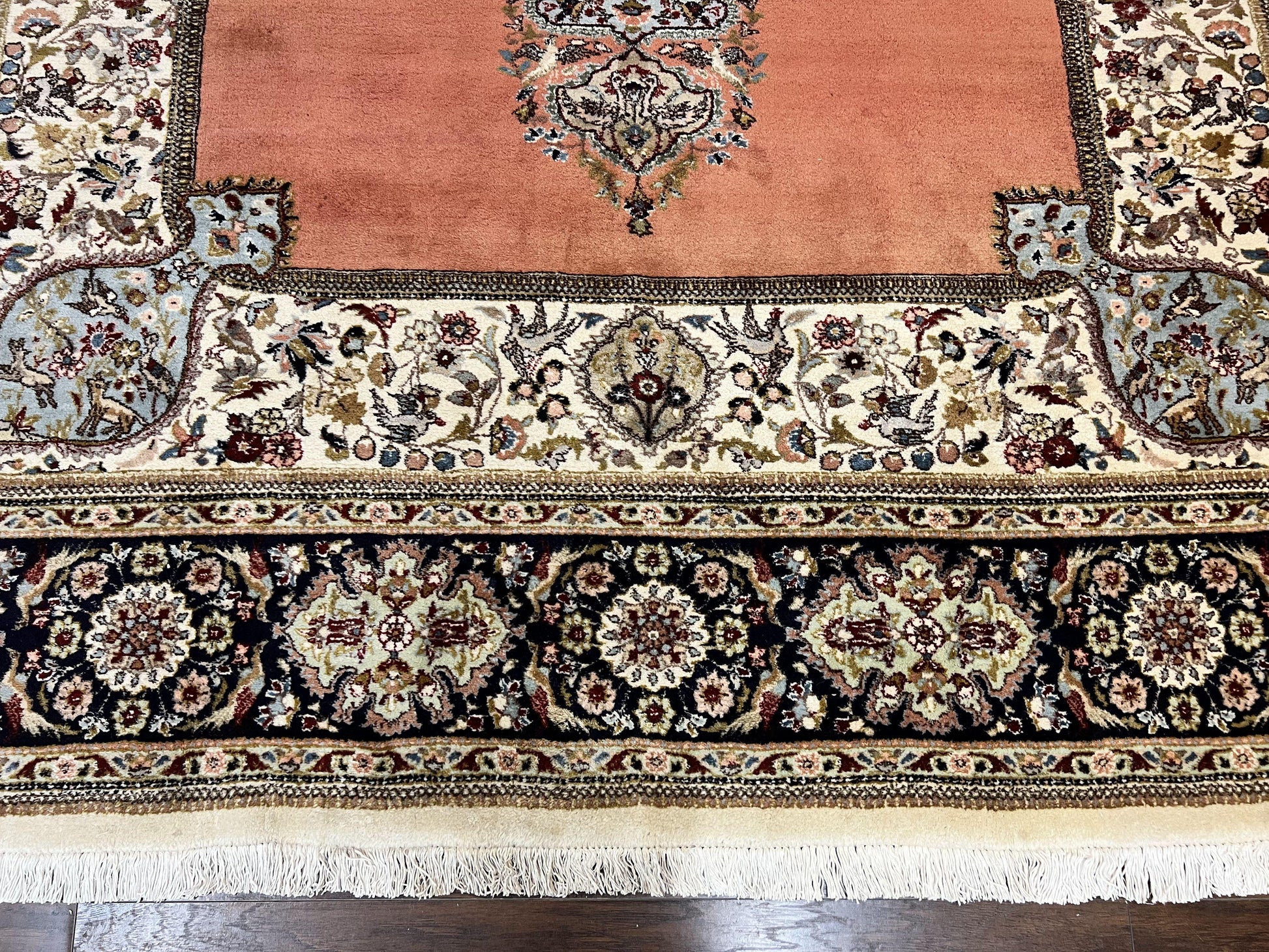 Persian Tabriz Rug 10x13, Wool Hand Knotted Vintage Carpet, Salmon Red & Ivory, Semi Open Field, Birds & Animal Motifs, Large Rug - Nuvé