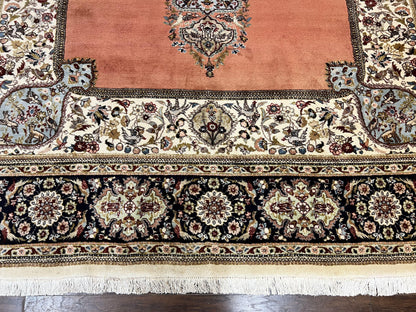 Persian Tabriz Rug 10x13, Wool Hand Knotted Vintage Carpet, Salmon Red & Ivory, Semi Open Field, Birds & Animal Motifs, Large Rug - Nuvé