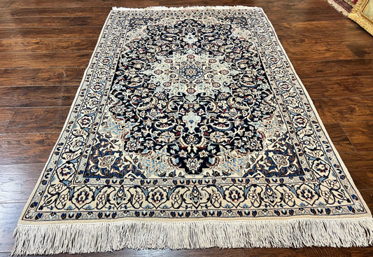 Persian Nain Rug 4x6, Floral, Hand Knotted Vintage Wool & Silk Highlights, Signature from Masterweaver, Navy Blue and Ivory - Nuvé
