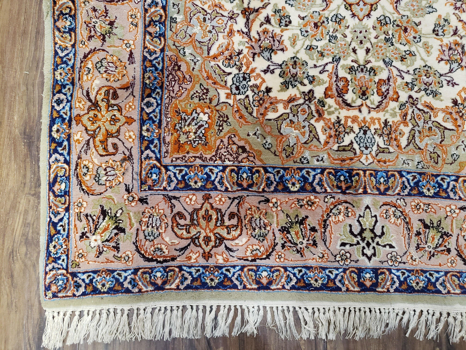 Vintage Persian Isfahan Lachak Toranj Rug, Highly Detailed, Kork Wool on Silk Foundation, Beige and Dark Blue, Hand-Knotted, 3'6" x 5' 4" - Nuvé