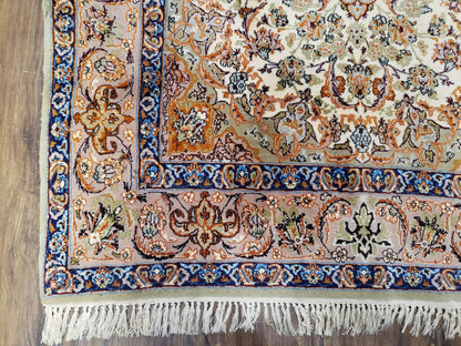 Vintage Persian Isfahan Lachak Toranj Rug, Highly Detailed, Kork Wool on Silk Foundation, Beige and Dark Blue, Hand-Knotted, 3'6" x 5' 4" - Nuvé