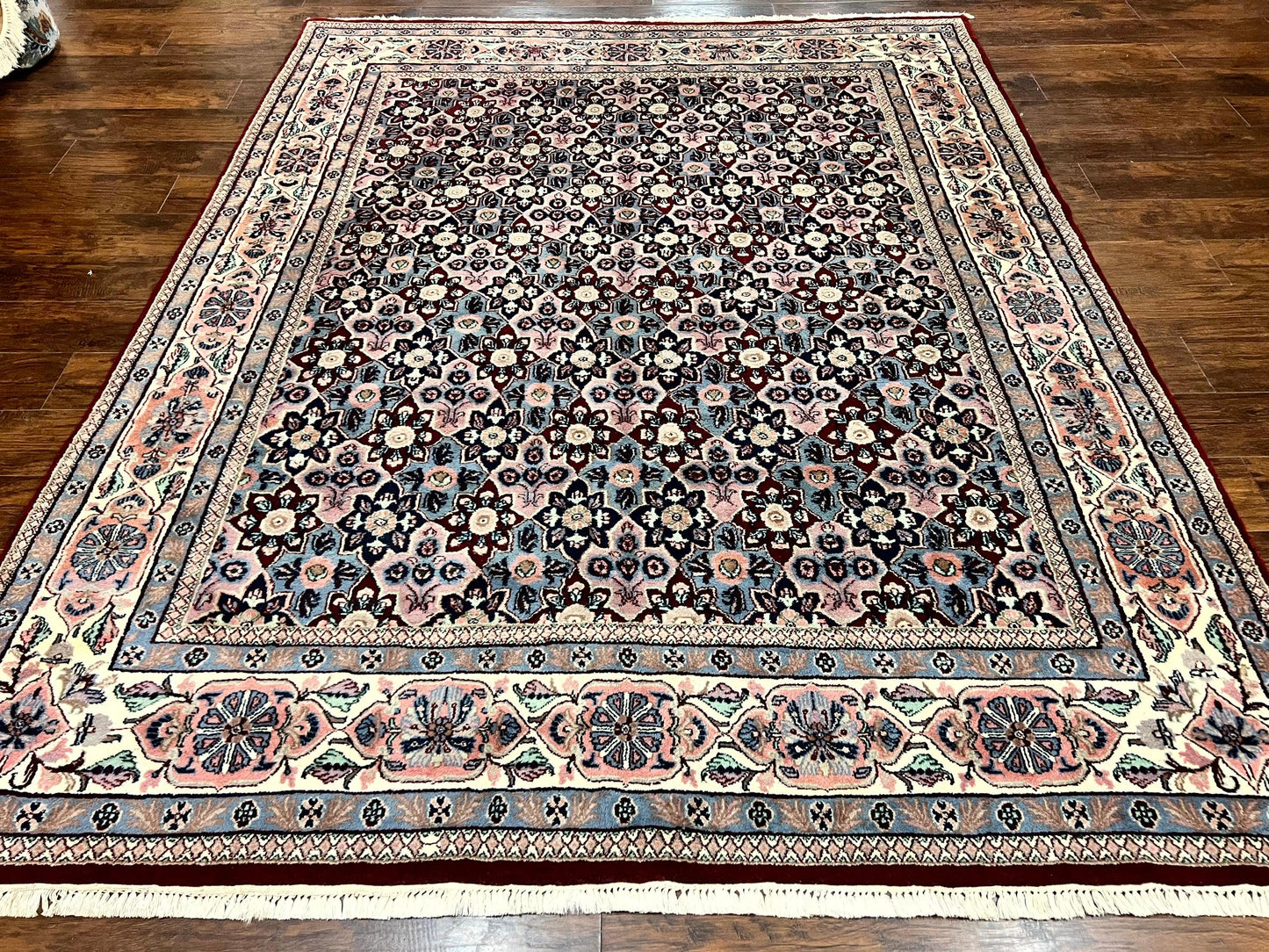 Indo Persian Rug 8x10, Repeated Allover Pattern, Navy Blue Ivory, Handmade Vintage Wool Carpet - Nuvé