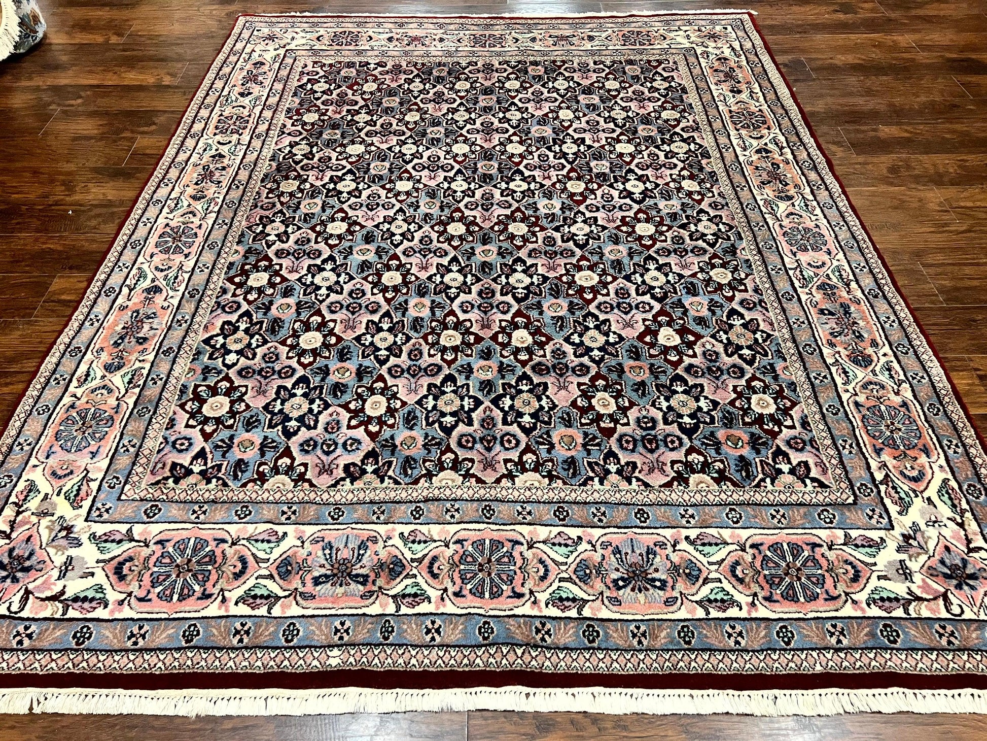 Indo Persian Rug 8x10, Repeated Allover Pattern, Navy Blue Ivory, Handmade Vintage Wool Carpet - Nuvé