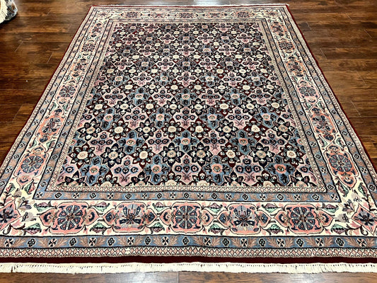 Indo Persian Rug 8x10, Repeated Allover Pattern, Navy Blue Ivory, Handmade Vintage Wool Carpet - Nuvé