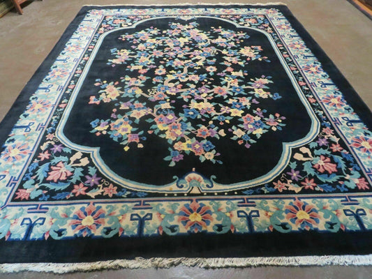 8' x 10' Vintage Handmade Art Deco Plush Chinese Wool Rug center Flower Black - Nuvé