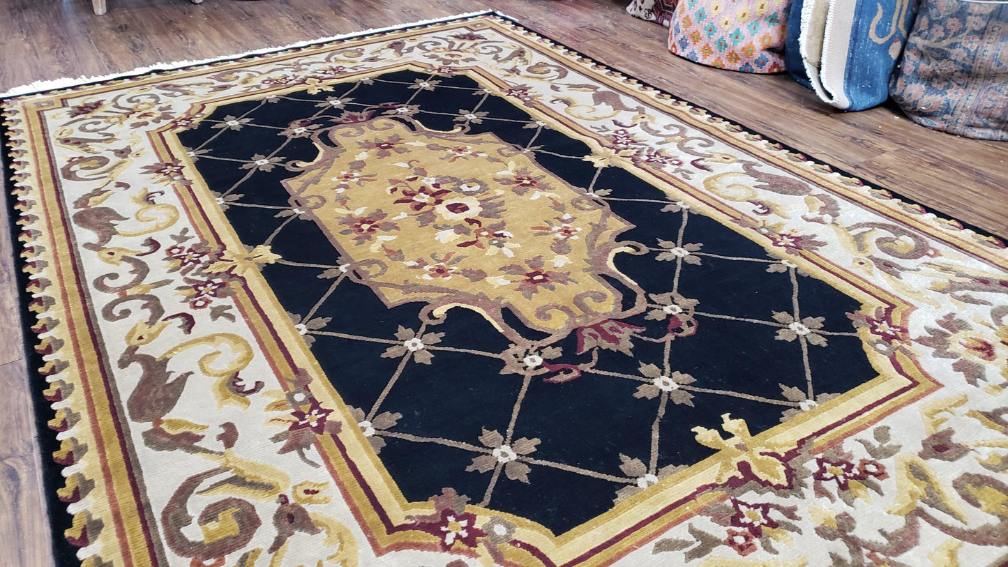 6x9 Nepalese Rug, Aubusson Savonnerie Area Rug 6 x 9 with Soft Pile, Hand-Knotted Wool Black & Beige Tibetan New Carpet European Design - Nuvé