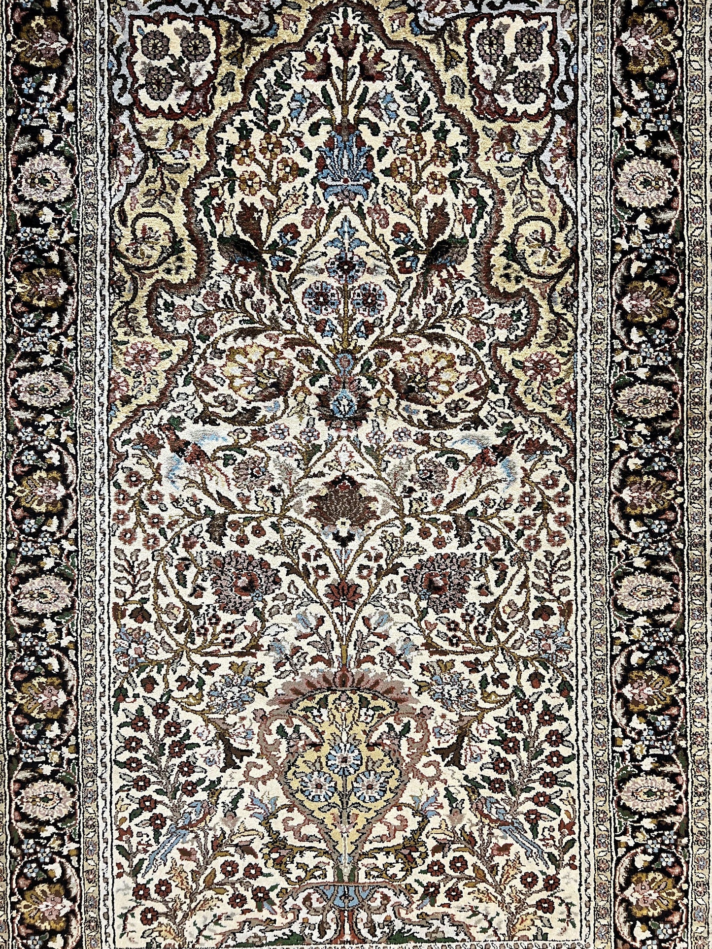 Turkish Kayseri Silk Rug 3x5, Tree of Life Silk Oriental Carpet, Birds Persian Vase Design, Hand Knotted Vintage Fine Rug, 340 KPSI - Nuvé