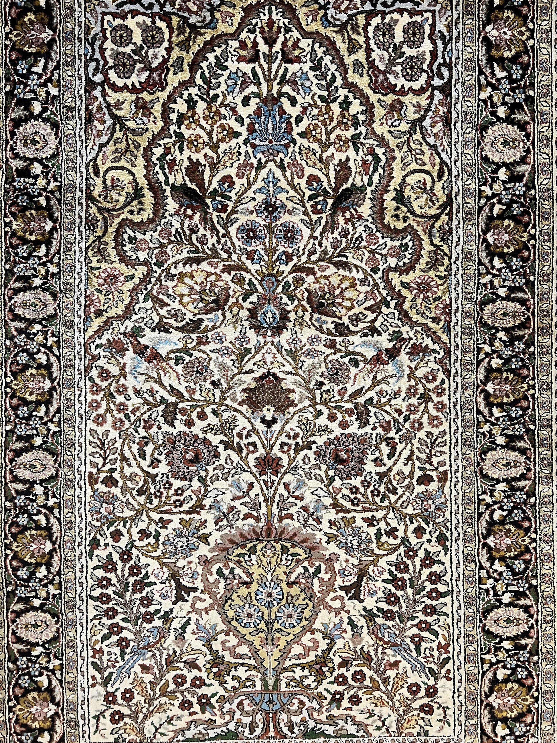 Turkish Kayseri Silk Rug 3x5, Tree of Life Silk Oriental Carpet, Birds Persian Vase Design, Hand Knotted Vintage Fine Rug, 340 KPSI - Nuvé